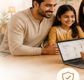 A family sitting together at a table, smiling as a Bhakti Vishwas concierge shows them ritual options on a laptop