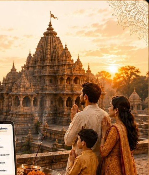 A family standing together in prayer at sunset in front of an ancient temple