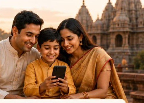 A family smiling together while looking at a phone, with a sunlit temple in the background