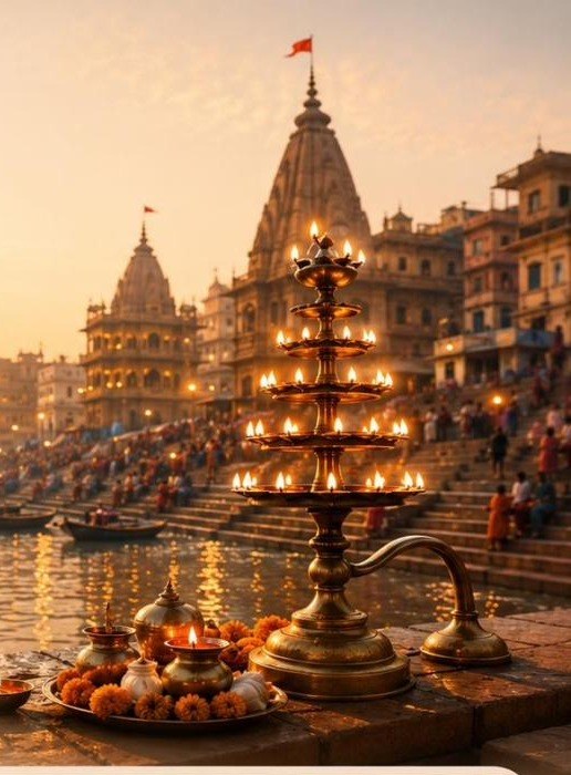 A multi-tiered brass aarti lamp lit at dusk on the ghats of a sacred river, with a temple spire glowing in the sunset behind it